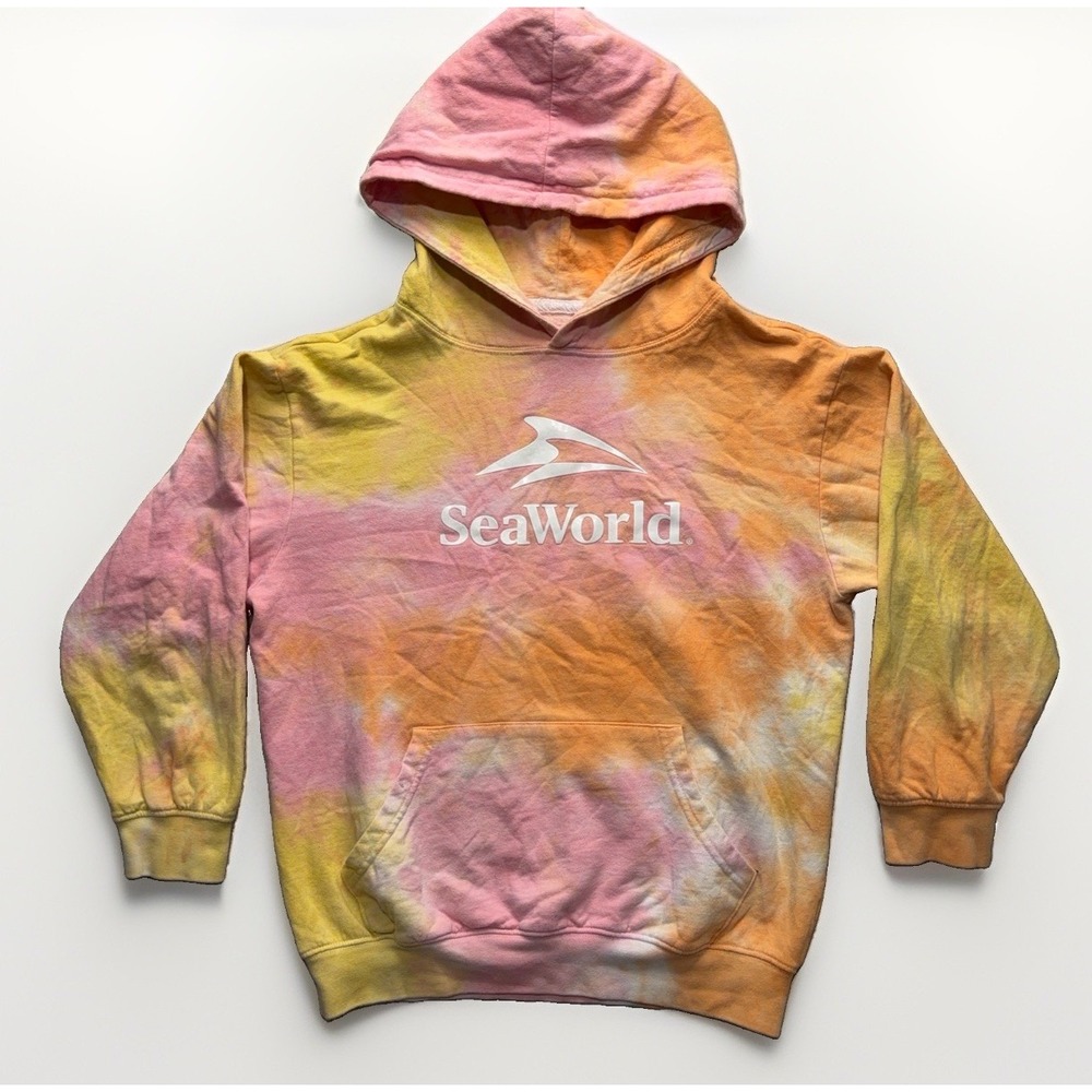 SeaWorld Tie Dye Park Logo Hoodie Sweatshirt Kids L Orange Pullover Distressed
